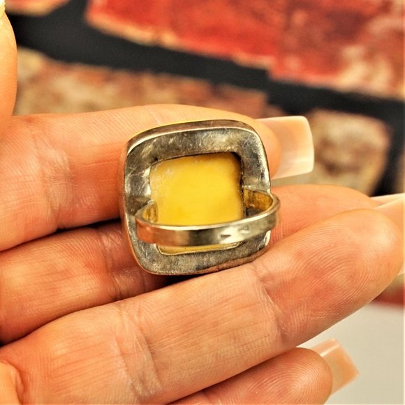 BIG EGG YOLK AMBER STERLING SQUARE RING SIZE 7.5, GIFT FOR WOMEN, UNISEX RING - Picture 6 of 10
